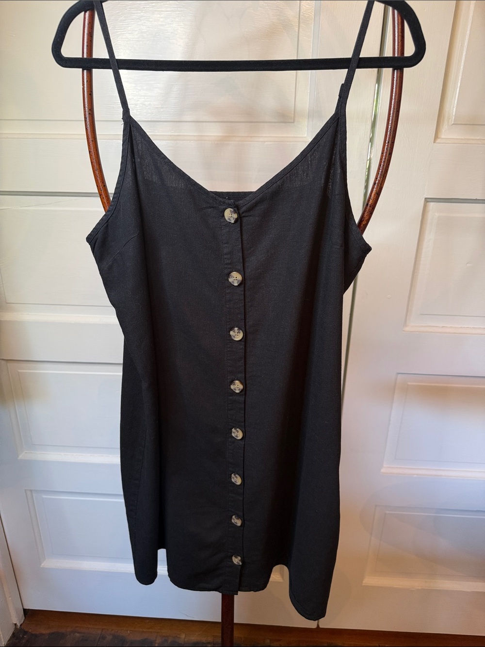 Black Linen Blend Button Front Mini Dress Adjustable Strap Sundress